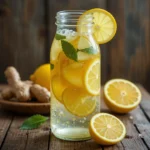 Jus de gingembre maison citron menthe dans une bouteille en verre