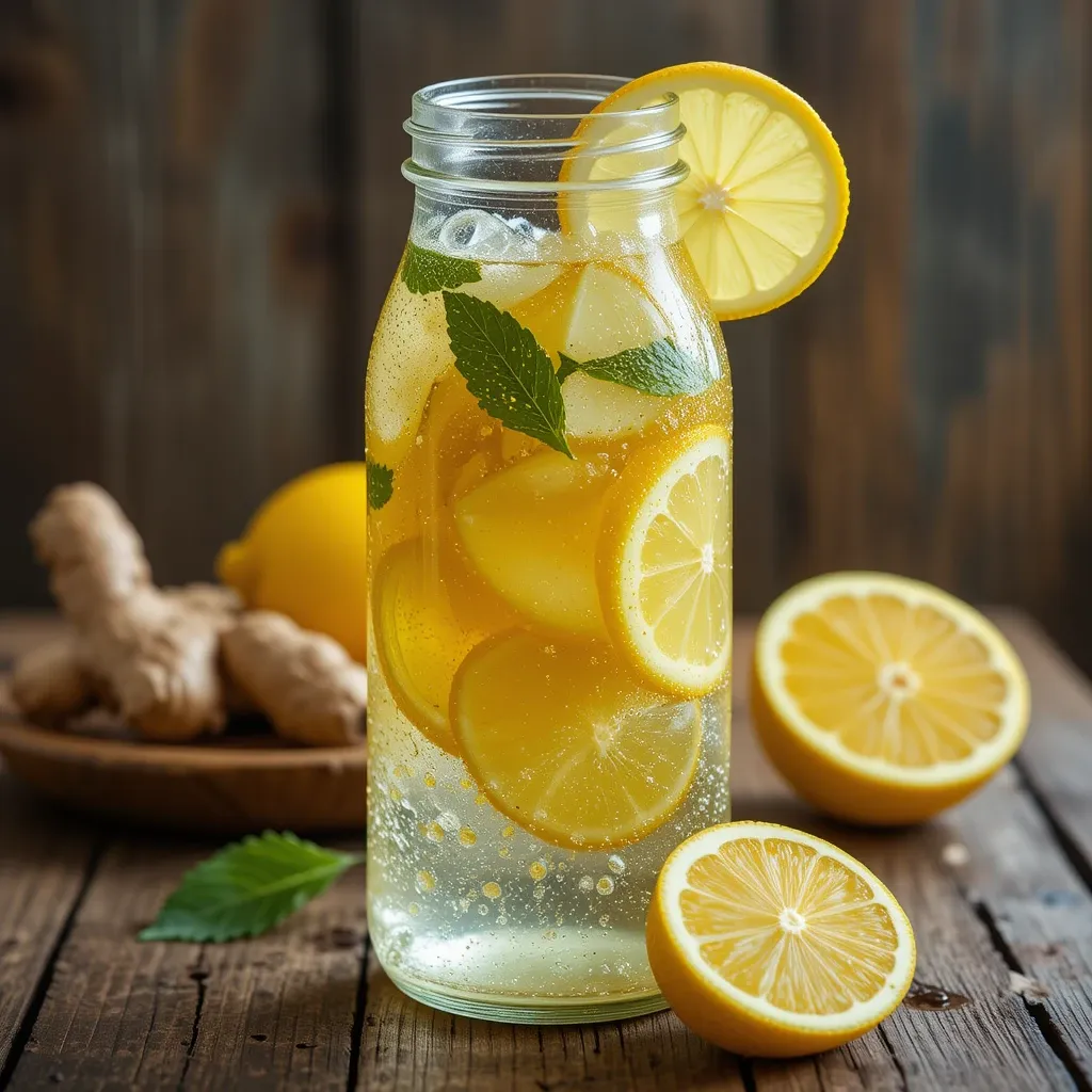 Jus de gingembre maison citron menthe dans une bouteille en verre
