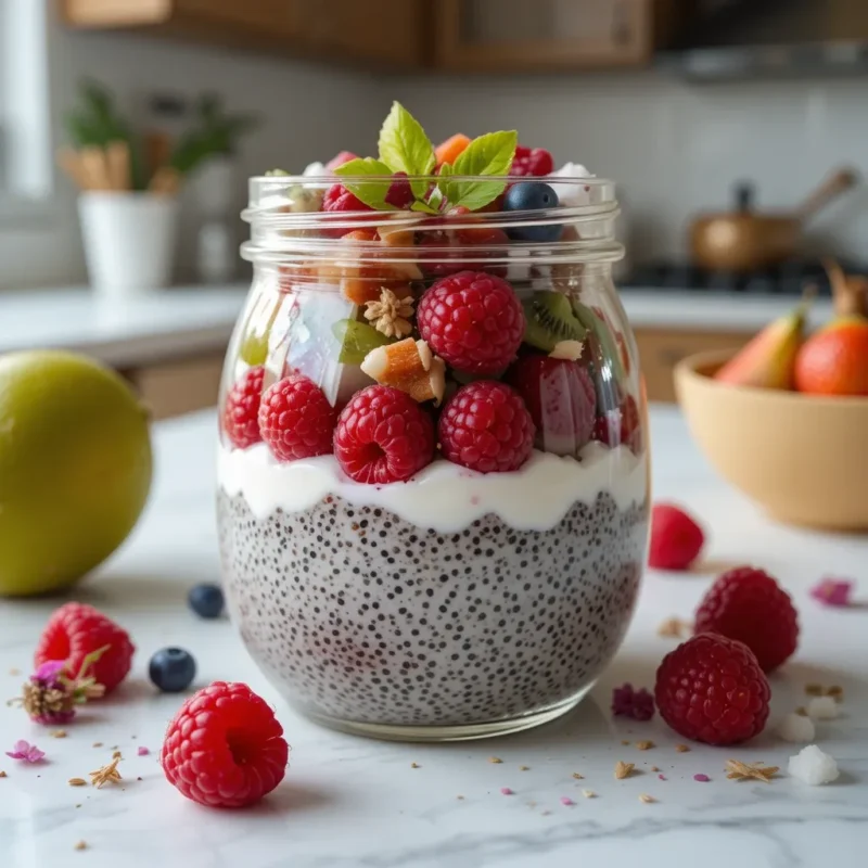 Top 1 Recette Petit Déj Végan : Porridge Protéiné Végétarien Ultra Simple 4 Pudding de chia crémeux au yaourt et fruits rouges servi dans un bocal pour un petit déjeuner sain et coloré.