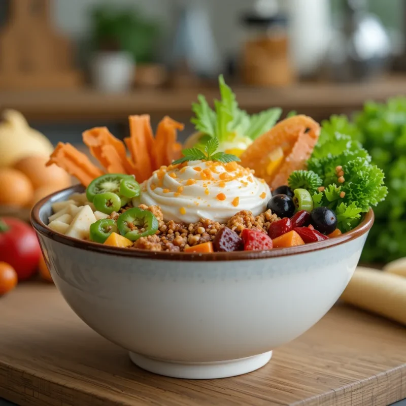 Bol de salade de fruits avec granola, crème de coco, fruits rouges, kiwi, et garnitures croquantes sur fond flou.