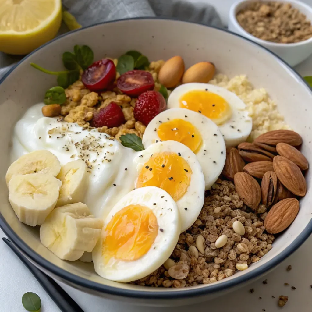 Mon Petit Déjeuner Musculation Fait Maison : Simple Et Efficace 3 Bol de petit déjeuner sportif avec œufs, yaourt, amandes et fruits frais