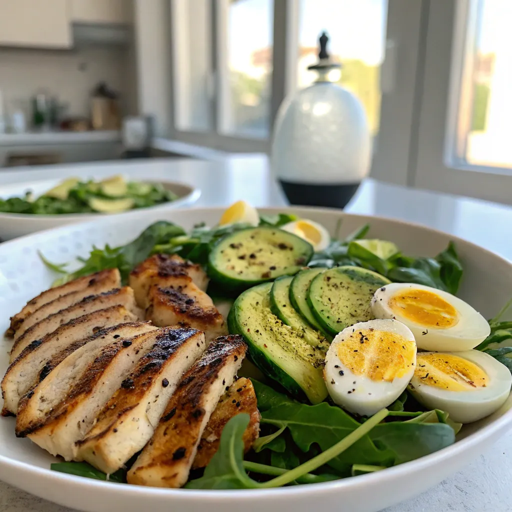 Mon Repas Régime Protéiné Simple Et Réconfortant 5 Bol repas protéiné avec poulet grillé, courgettes et œufs durs