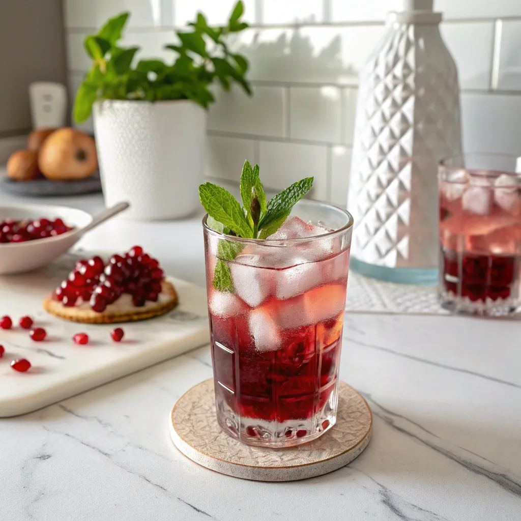 Jus De Grenade Ultra-Frais : Une Recette Simple Qui Change Tout 7 boisson grenade glacée avec menthe sur table blanche
