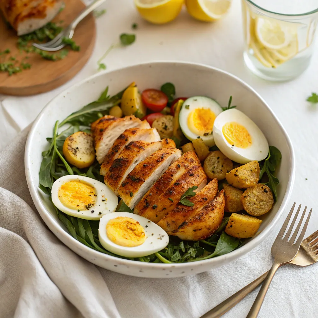 Mon Repas Régime Protéiné Simple Et Réconfortant 6 Assiette de repas régime protéiné avec poulet grillé, œufs et courgettes
