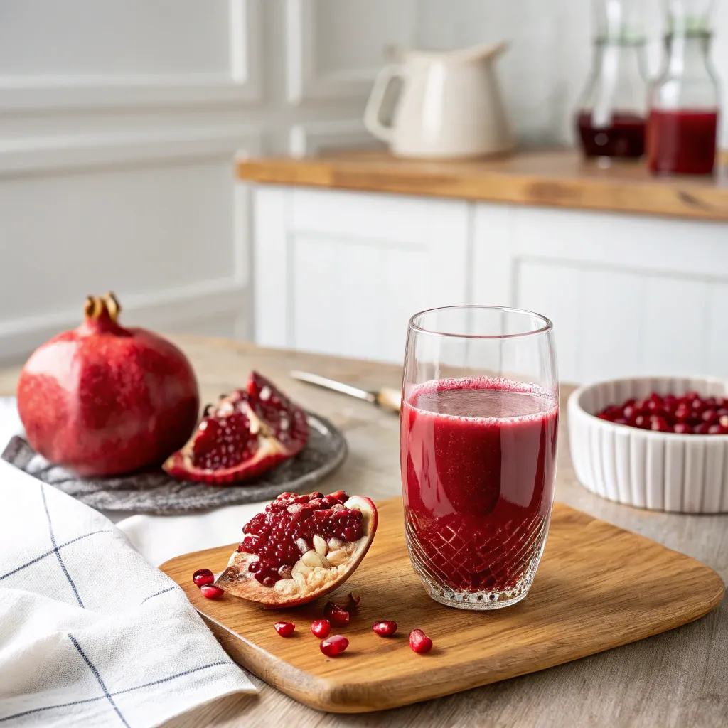 Jus De Grenade Ultra-Frais : Une Recette Simple Qui Change Tout 5 verre de jus de grenade pur sur planche bois