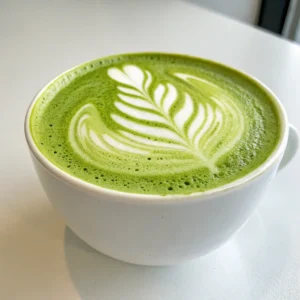matcha latte maison parfaitement présenté sur plateau en bois