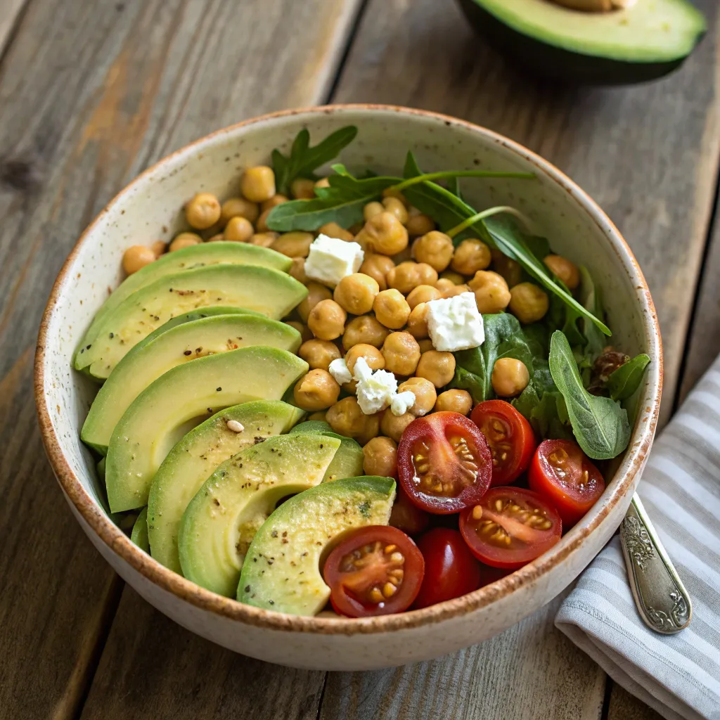 Salade pois chiche avocat colorée servie dans un bol rustique