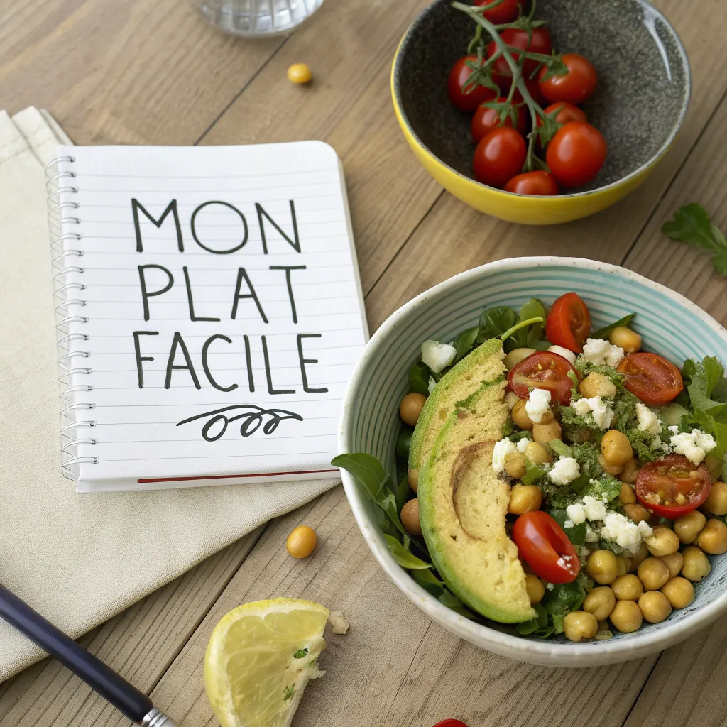 Salade Pois Chiche Avocat : Recette Estivale Simple Et Savoureuse 6 Fiche recette manuscrite à côté d’une salade pois chiche avocat
