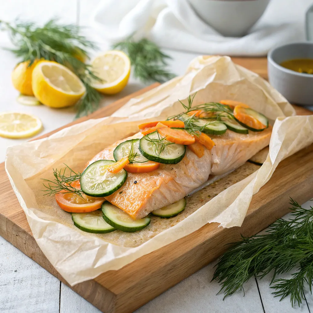 Papillote Saumon Four : Un Plaisir Simple à Savourer Sans Culpabilité 6 cooked papillote saumon four with lemon, zucchini, and carrots
