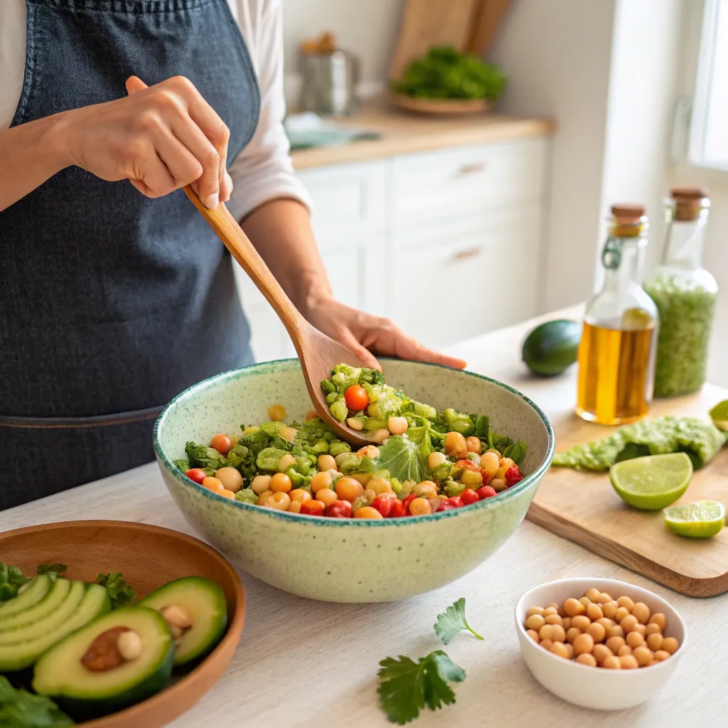 Salade Pois Chiche Avocat : Recette Estivale Simple Et Savoureuse 4 Préparation d’une salade pois chiche avocat dans un saladier