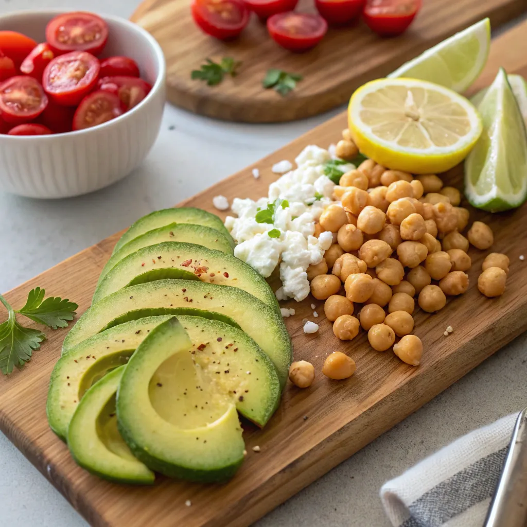 Salade Pois Chiche Avocat : Recette Estivale Simple Et Savoureuse 3 Ingrédients de la salade pois chiche avocat sur planche en bois