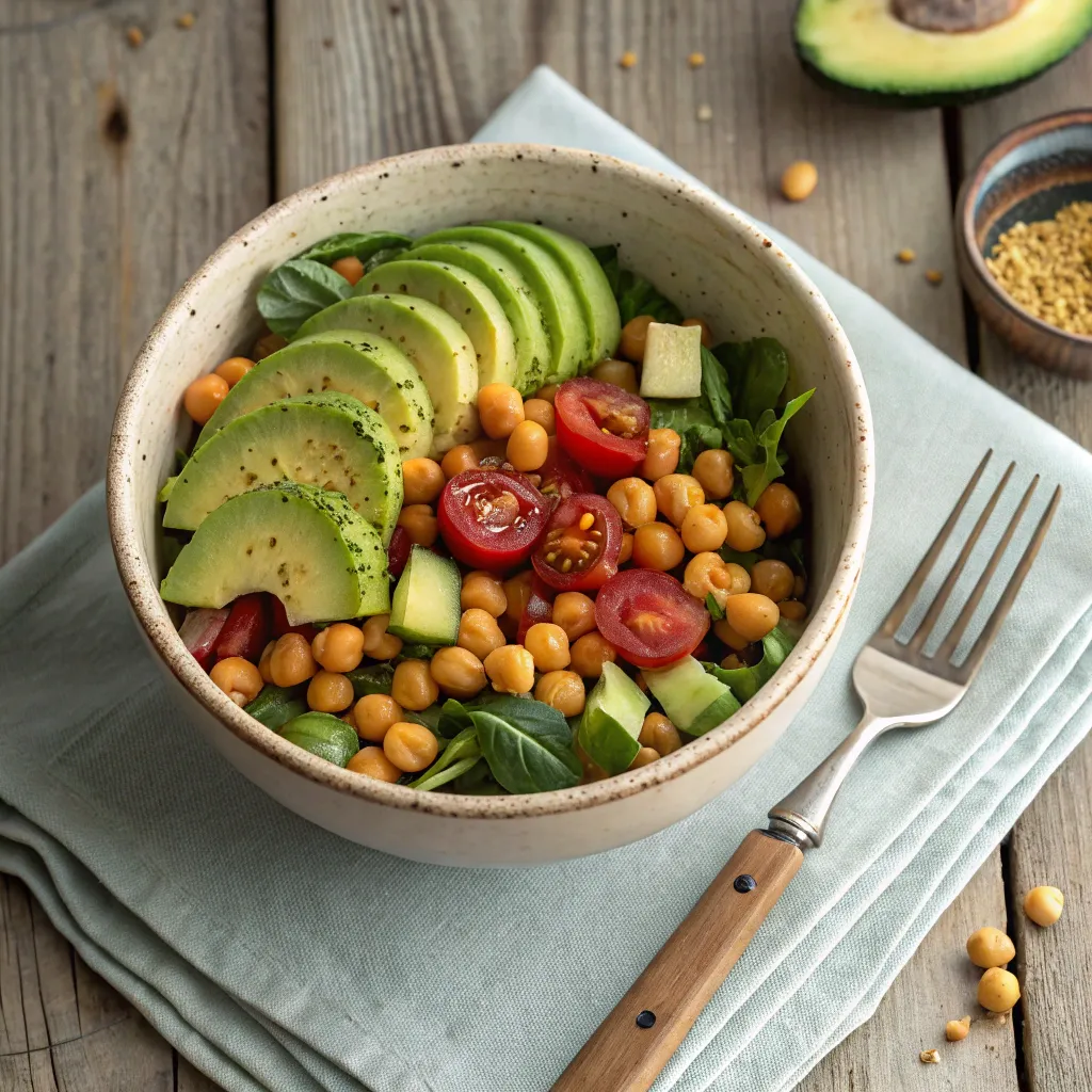 Salade Pois Chiche Avocat : Recette Estivale Simple Et Savoureuse 5 Salade pois chiche avocat servie dans un bol, avec citron vert