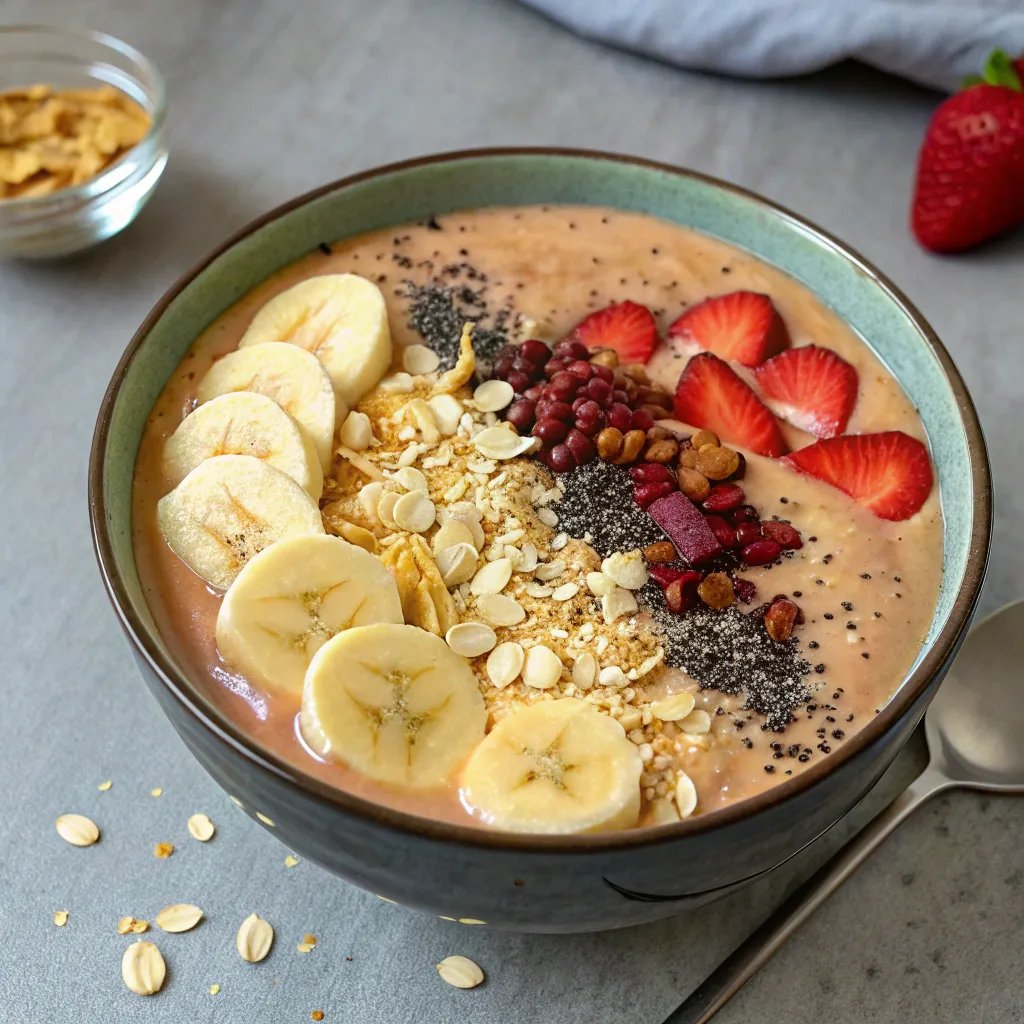 Mon Petit Déjeuner Musculation Fait Maison : Simple Et Efficace 5 Smoothie bowl protéiné à la banane, fraises, graines et avoine