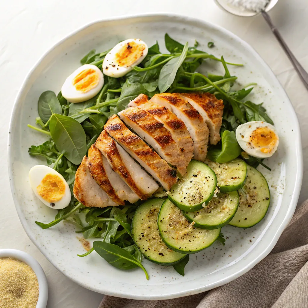 Plat final régime protéiné avec poulet grillé, œufs et courgettes