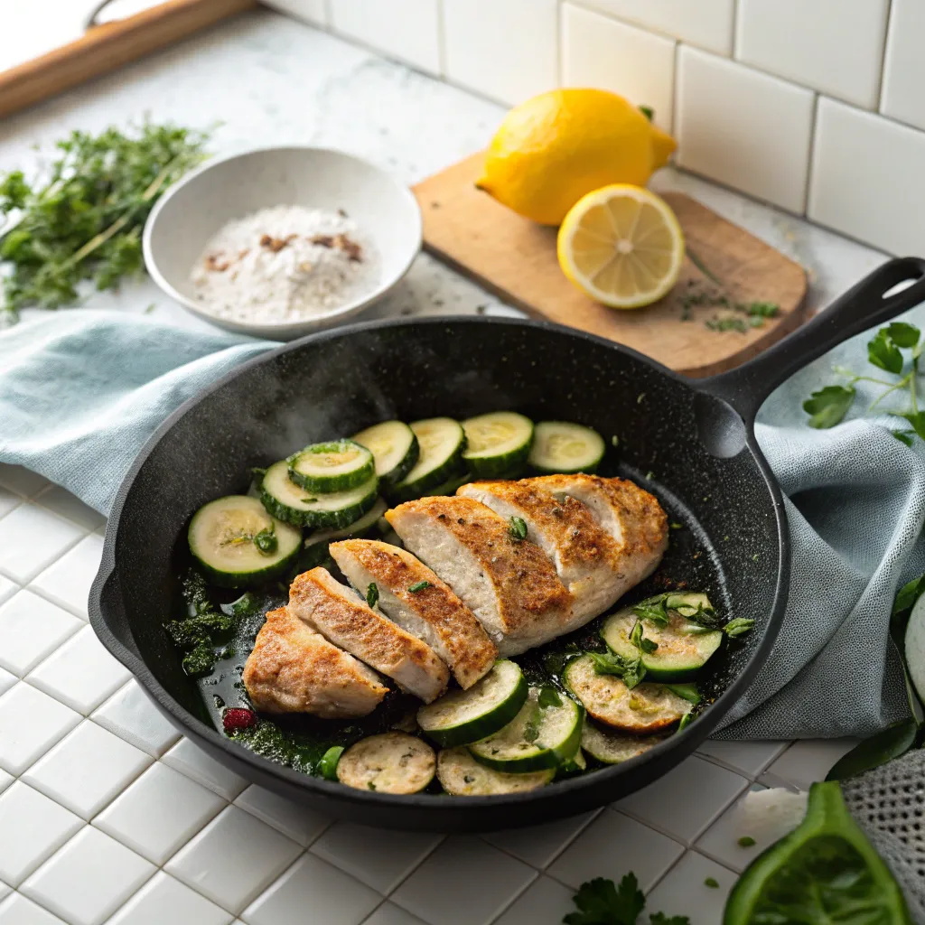 Mon Repas Régime Protéiné Simple Et Réconfortant 4 Cuisson du poulet tranché avec courgettes dans une poêle noire