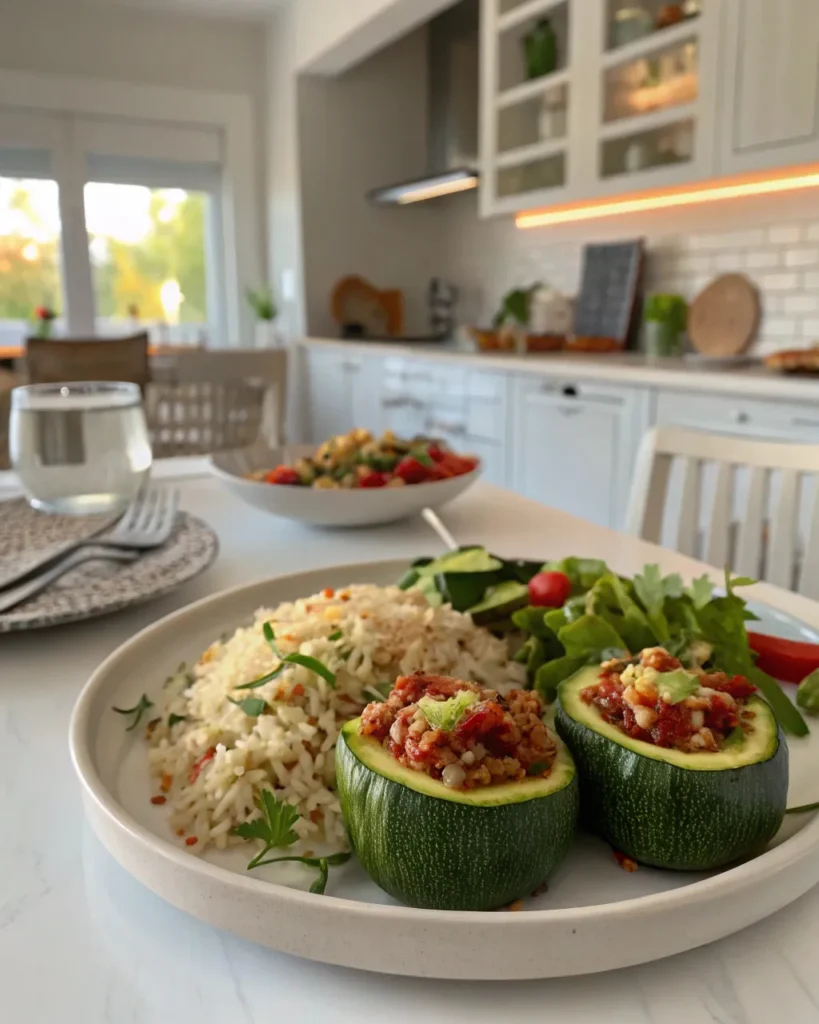 Courgettes farcies : recette simple et savoureuse 4 courgettes farcies servies avec riz et salade