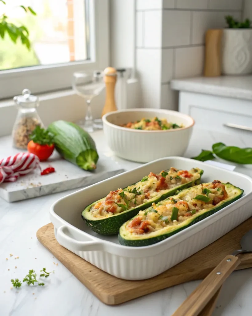 Courgettes farcies : recette simple et savoureuse 6 courgettes farcies au four dans un plat blanc