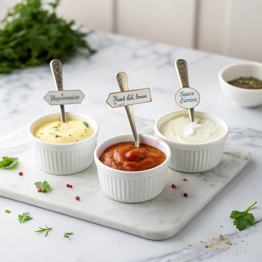 Le Meilleur Pain de Poisson Maison : Recette Simple et Équilibrée 7 Trio de sauces en ramequins : mayonnaise, sauce aurore, sauce yaourt citronné