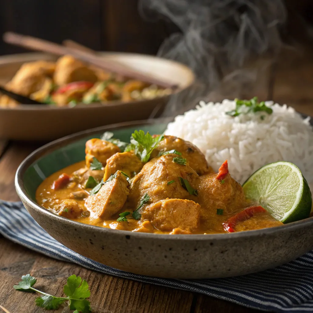 Poulet au curry crémeux avec riz basmati et citron vert en assiette complète, vapeur visible