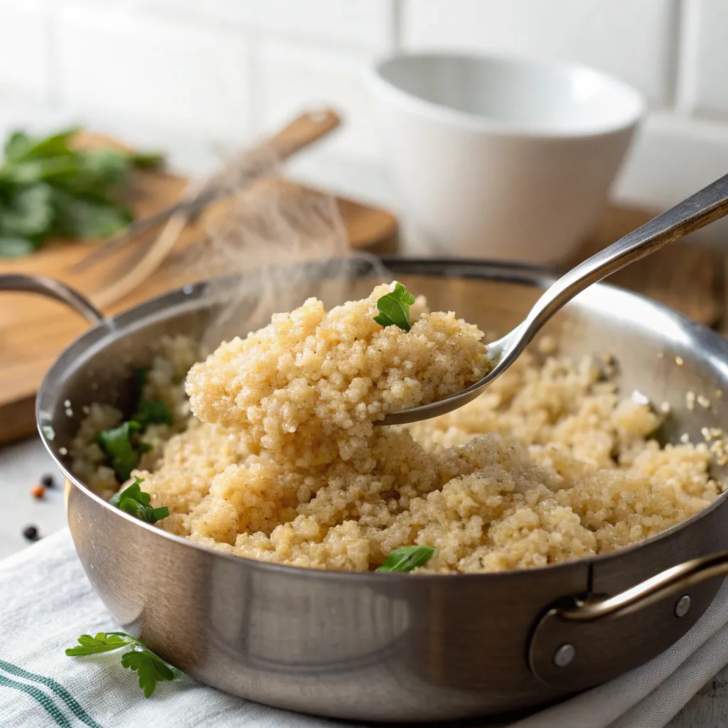 Salade De Quinoa Le Plat Simple Qui Fait Toujours Plaisir 3 Quinoa vapeur chaud dans une casserole, floconné à la fourchette