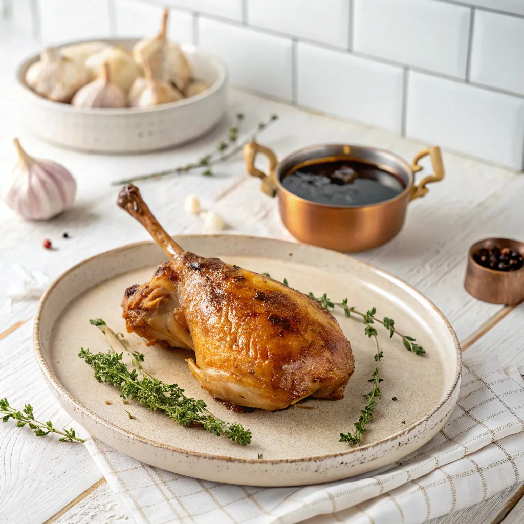 Cuisses De Canard D’exception : Recette Gourmande Et Simple 6 cuisse de canard rôtie avec ail, thym et sauce dans une casserole en cuivre