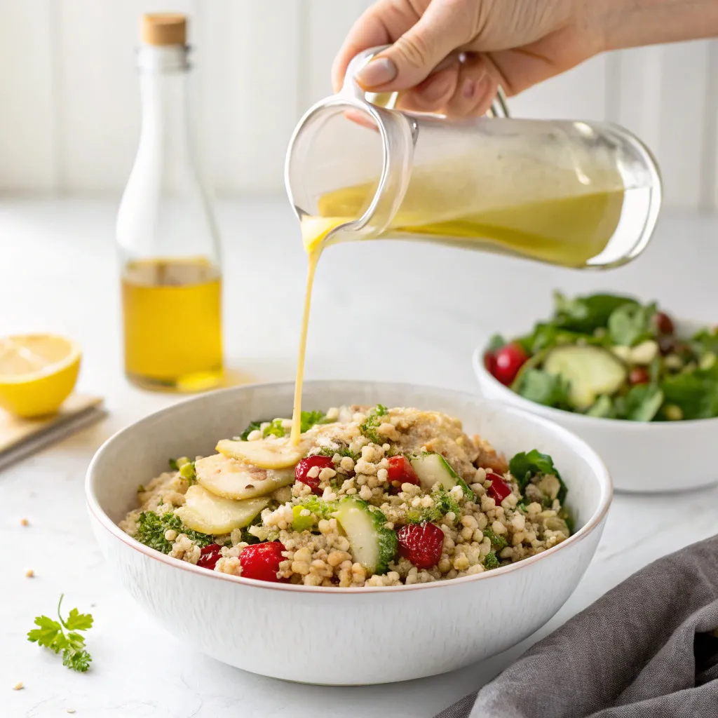 Salade De Quinoa Le Plat Simple Qui Fait Toujours Plaisir 4 Vinaigrette maison versée sur une salade de quinoa
