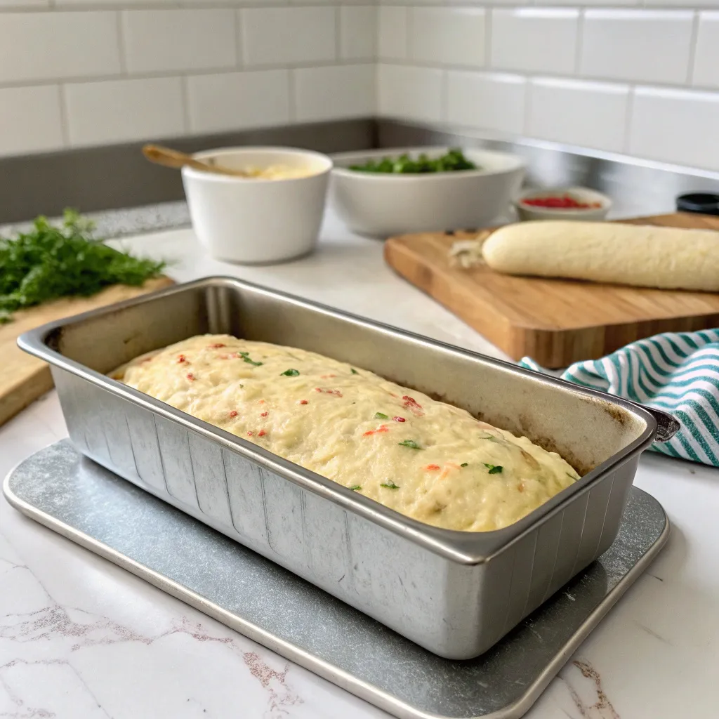 Le Meilleur Pain de Poisson Maison : Recette Simple et Équilibrée 5 Pain de poisson cru dans moule à cake, prêt à être enfourné