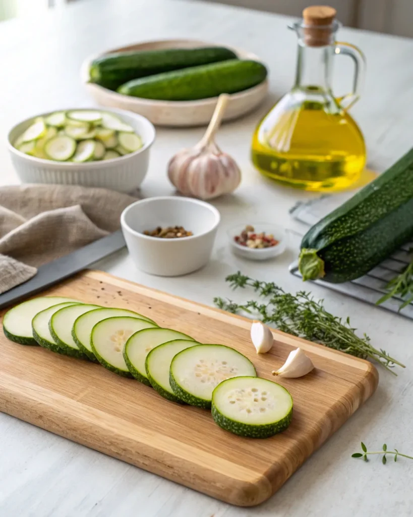 Courgettes Au Four : Secrets D’une Cuisson Croustillante 3 Ingrédients pour courgettes au four sur planche en bois