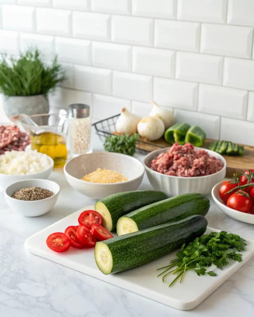 Courgettes farcies : recette simple et savoureuse 5 ingrédients frais pour courgettes farcies sur plan blanc