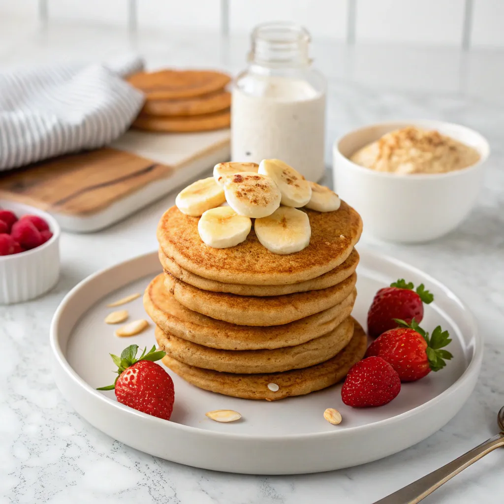 Top 1 Recette Petit Déj Végan : Porridge Protéiné Végétarien Ultra Simple 7 Pancakes moelleux à la banane, nappés de sirop d’érable et saupoudrés de flocons d’avoine, servis dans une assiette sur une table en bois.