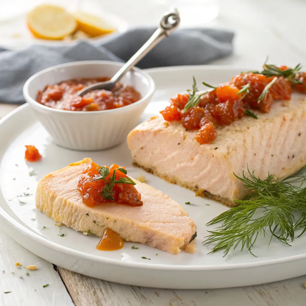 Tranche de recette pain de poisson au saumon nappée de sauce tomate maison sur une assiette blanche