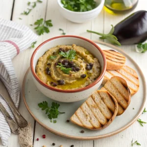 caviar d’aubergine servi avec pain grillé dans une assiette rustique