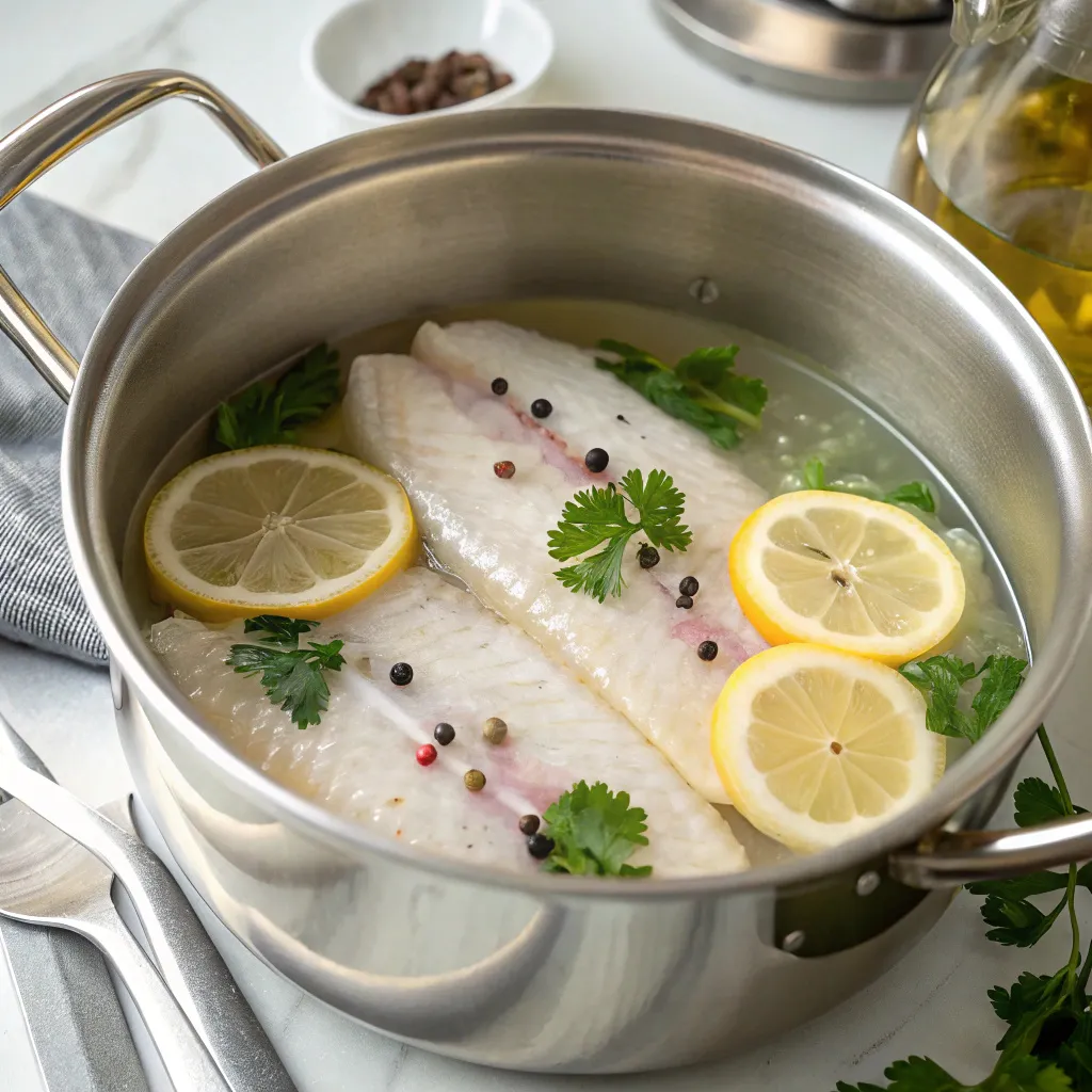 Le Meilleur Pain de Poisson Maison : Recette Simple et Équilibrée 4 Poisson blanc en train de cuire dans court-bouillon avec thym et épices