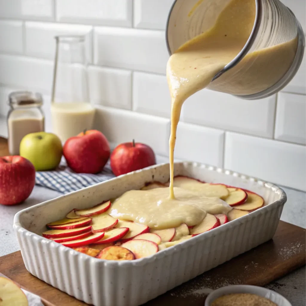 Flognarde Aux Pommes Plaisir Simple Et Sincère 4 appareil à flognarde versé sur des pommes dans un plat