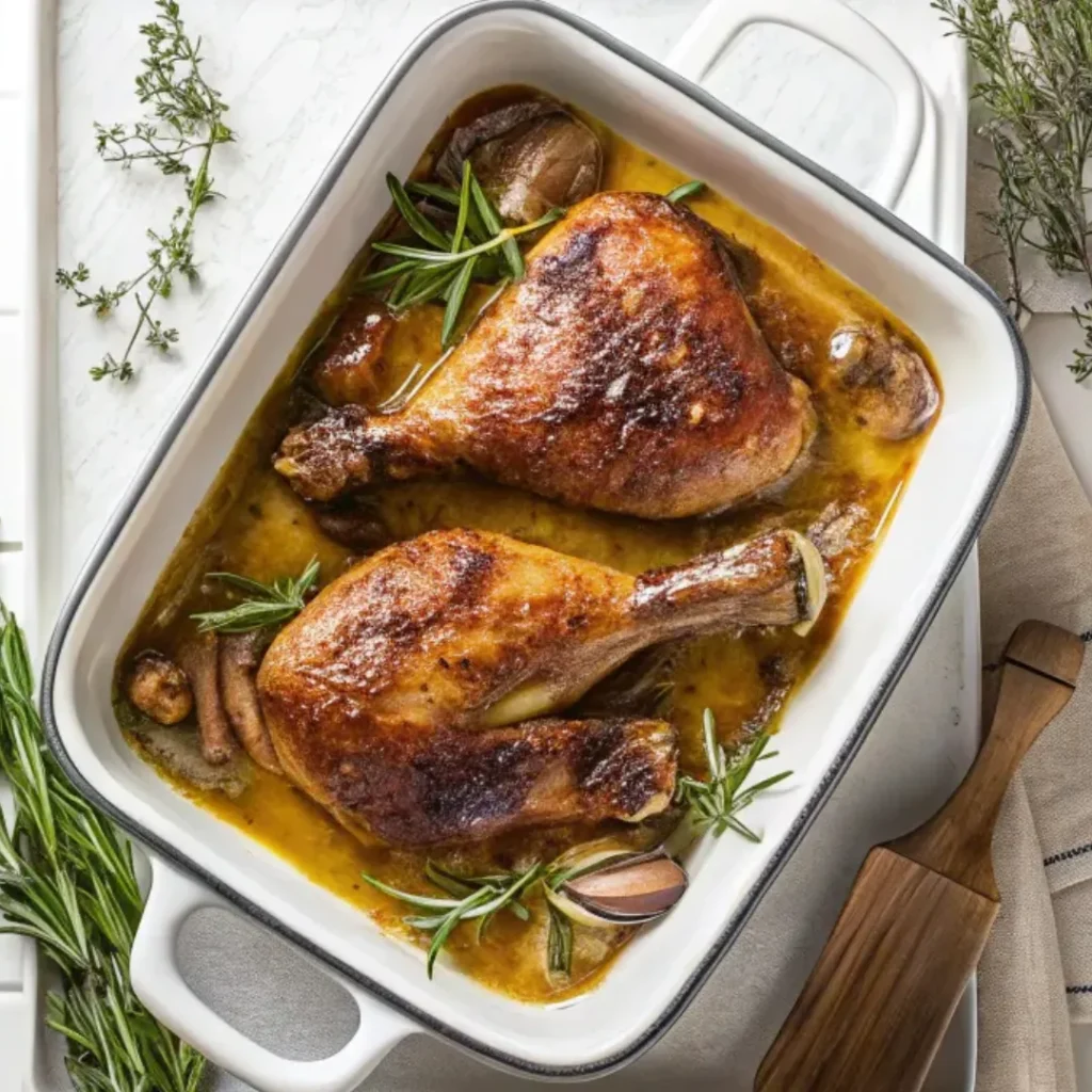Cuisses De Canard D’exception : Recette Gourmande Et Simple 5 cuisses de canard dorées dans un plat de cuisson en sauce avec romarin