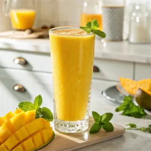 Smoothie mangue onctueux dans un verre raffiné