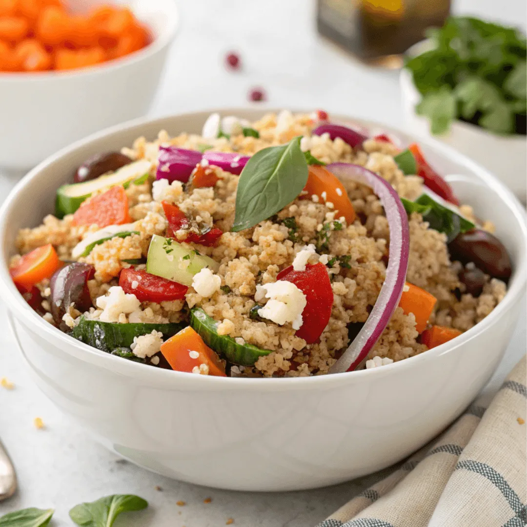 Bol de salade méditerranéenne au quinoa, légumes croquants et féta