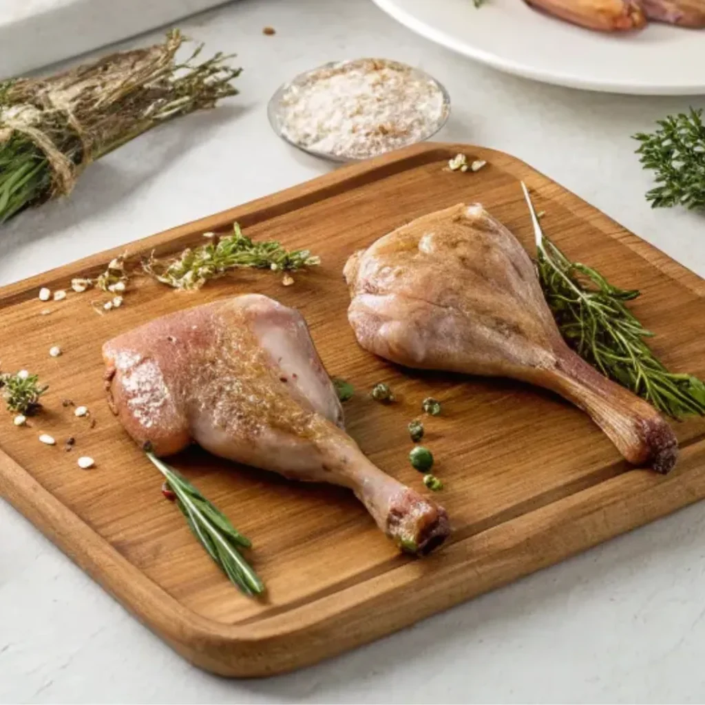 Cuisses De Canard D’exception : Recette Gourmande Et Simple 4 cuisses de canard crues avec herbes, ail et graisse sur plan de travail