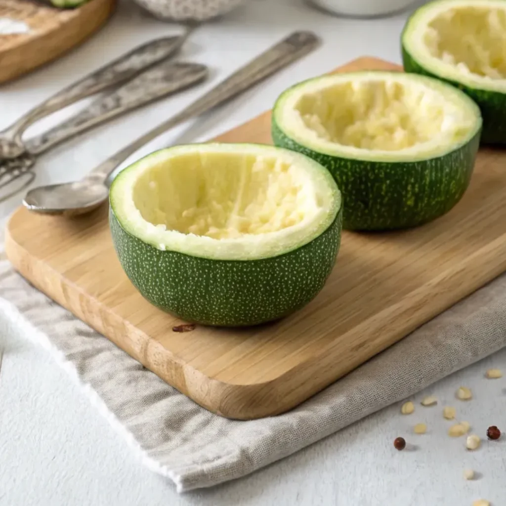 Courgettes farcies : recette simple et savoureuse 3 courgettes farcies évidées prêtes à garnir sur planche en bois