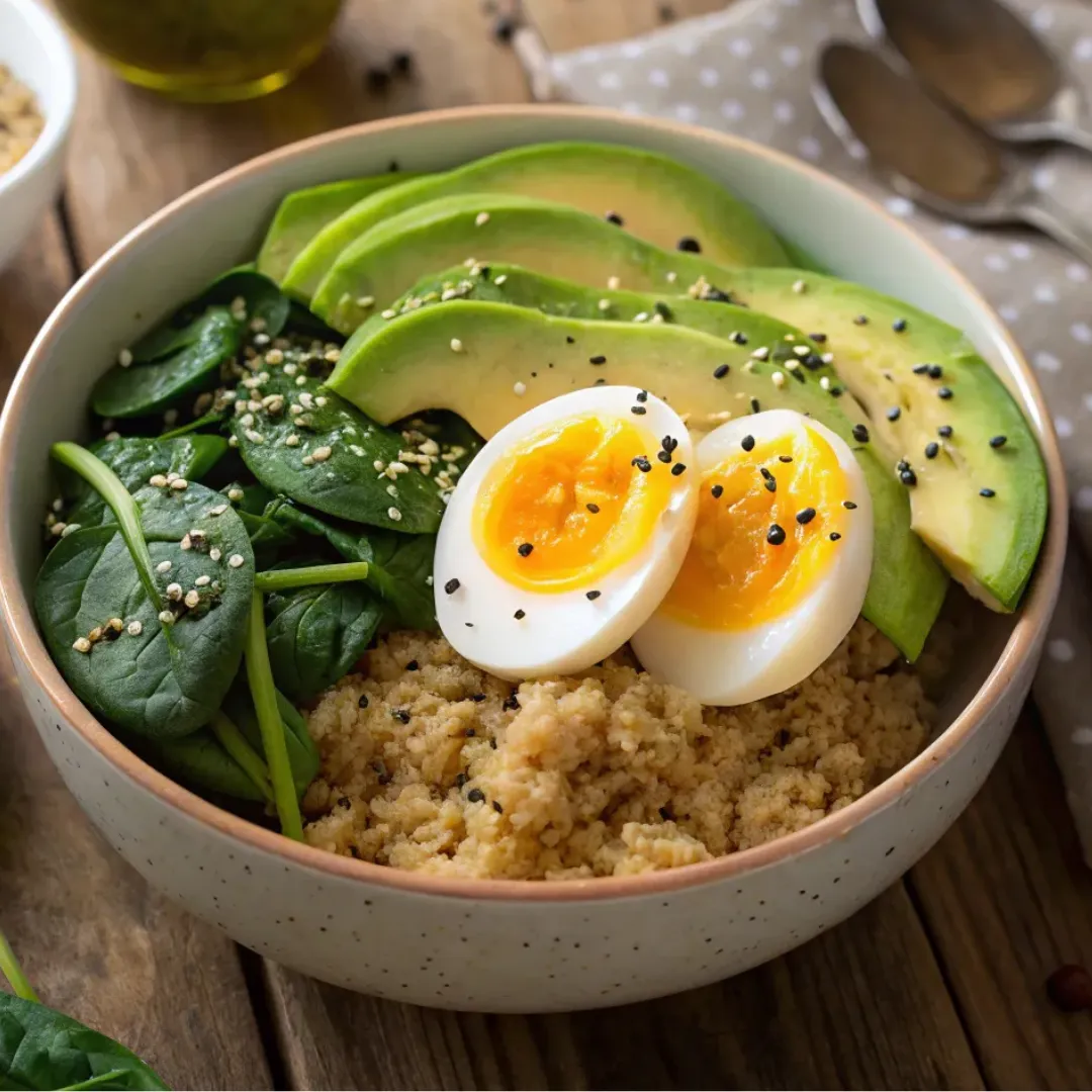 Bol protéiné petit déjeuner musculation avec œuf mollet, avocat et quinoa