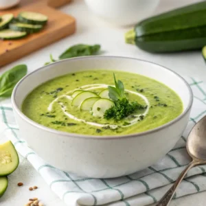 Velouté de courgettes maison dans une cuisine blanche