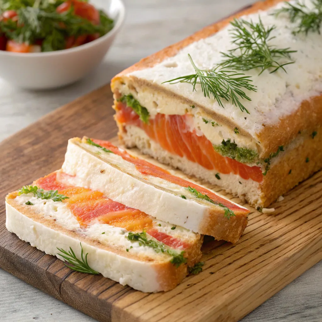 Le Meilleur Pain de Poisson Maison : Recette Simple et Équilibrée 8 Pain de poisson bicolore coupé en tranches, avec couches de légumes, fromage et saumon fumé