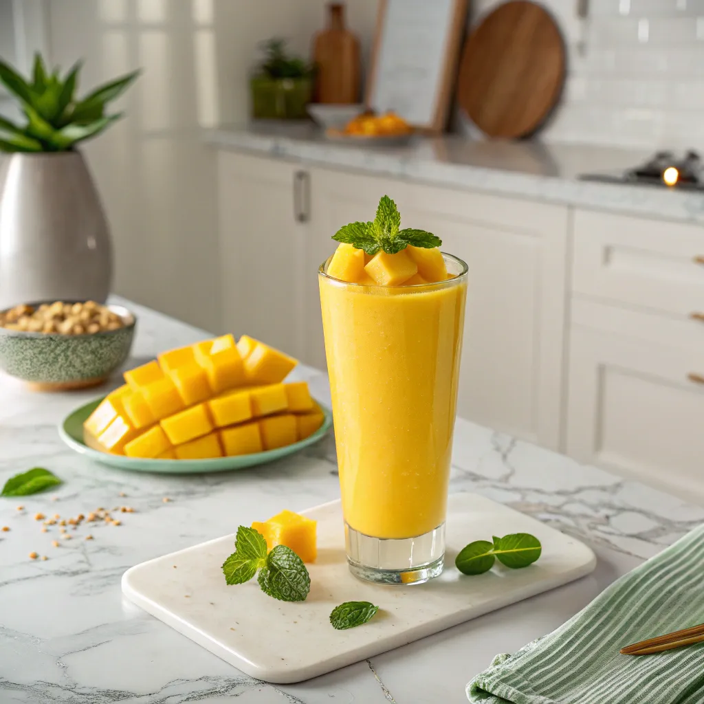 Top 1 Smoothie Mangue : Secrets Nutritionnels Pour Votre Bien Etre 5 verre de smoothie mangue sur plan de travail en marbre blanc avec cubes de mangue