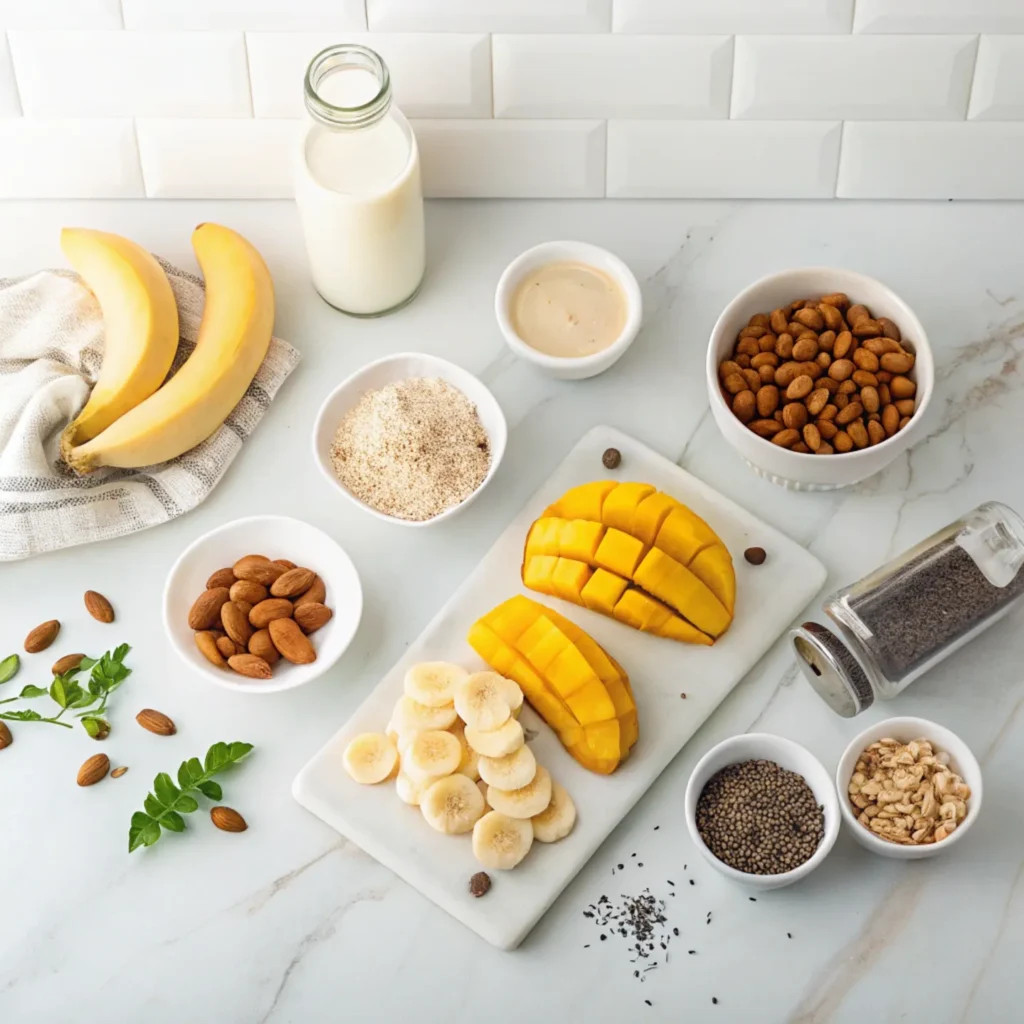 Top 1 Smoothie Mangue : Secrets Nutritionnels Pour Votre Bien Etre 3 ingrédients pour smoothie mangue banane disposés sur plan de travail blanc
