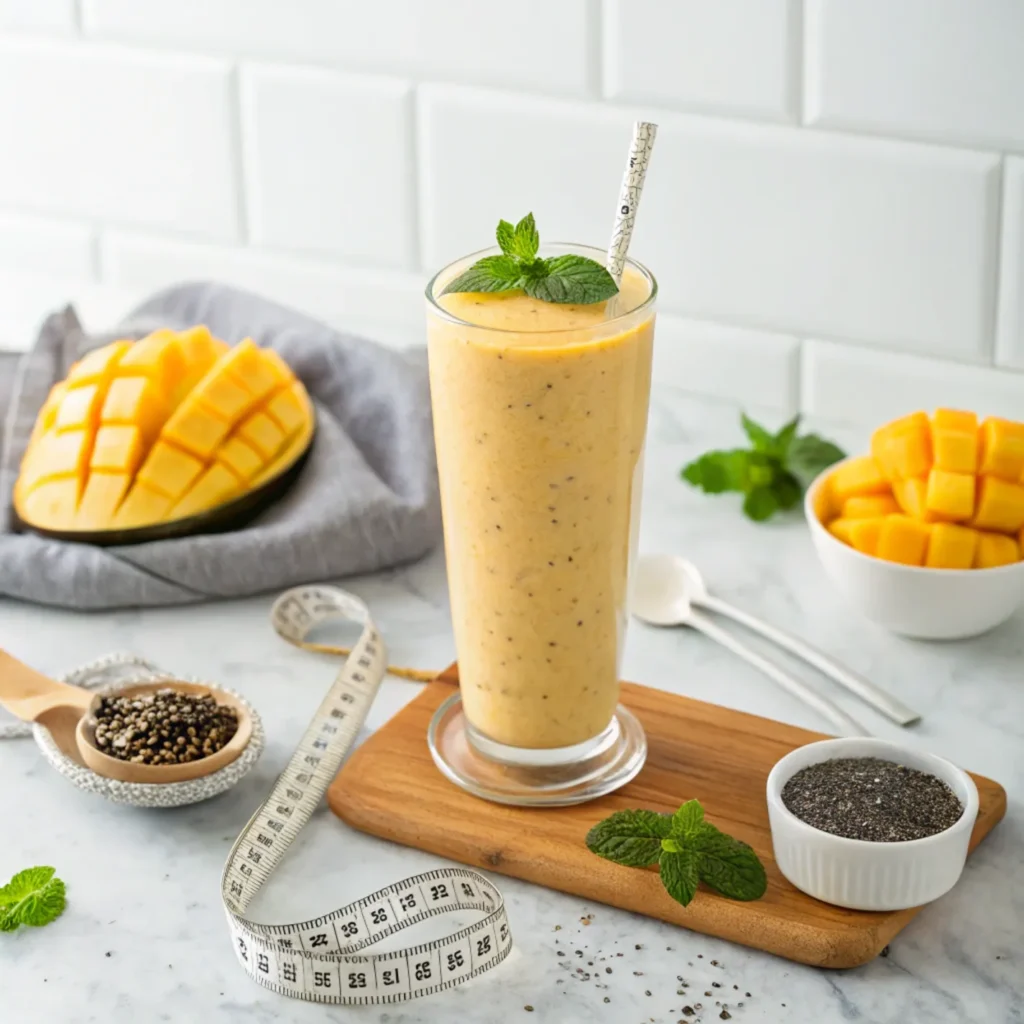 Top 1 Smoothie Mangue : Secrets Nutritionnels Pour Votre Bien Etre 6 smoothie mangue minceur dans une cuisine blanche avec éléments diététiques