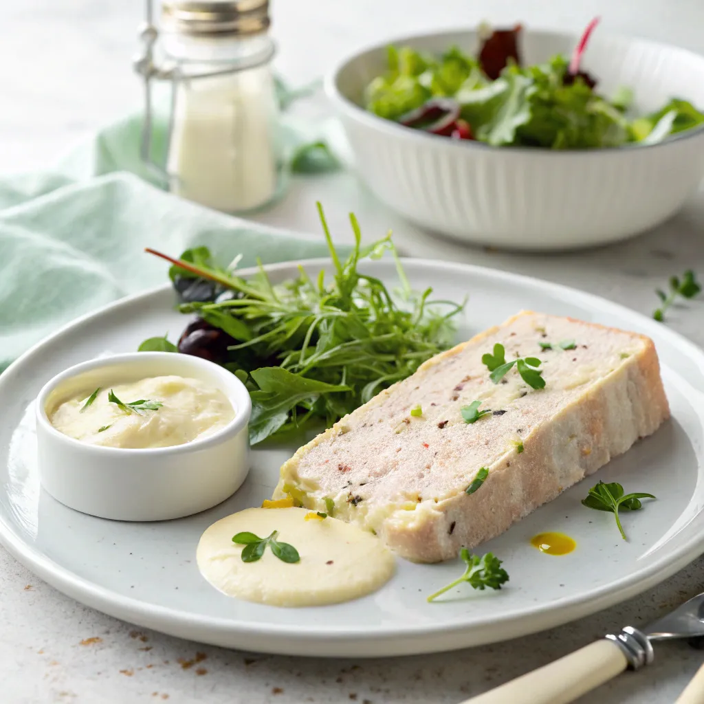 Le Meilleur Pain de Poisson Maison : Recette Simple et Équilibrée 10 Tranche de pain de poisson servie avec sauce blanche et salade verte
