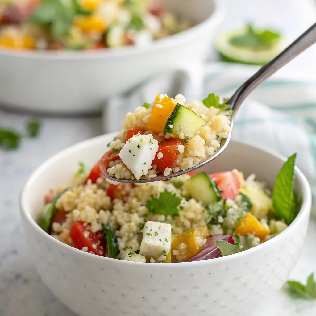 Salade De Quinoa Le Plat Simple Qui Fait Toujours Plaisir 5 Cuillère remplie de salade de quinoa aux légumes frais et féta