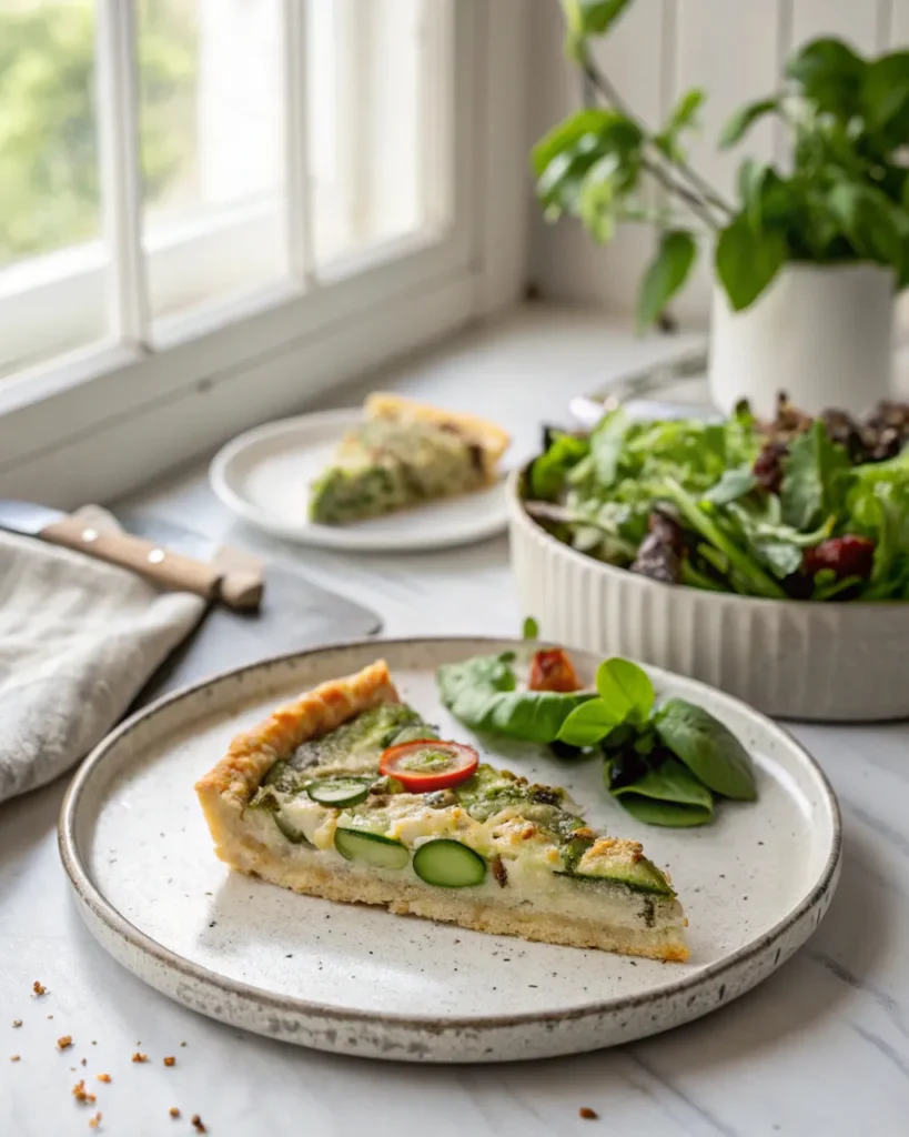 Tarte courgette – recette simple & gourmande 3 Part de tarte courgette servie avec salade verte