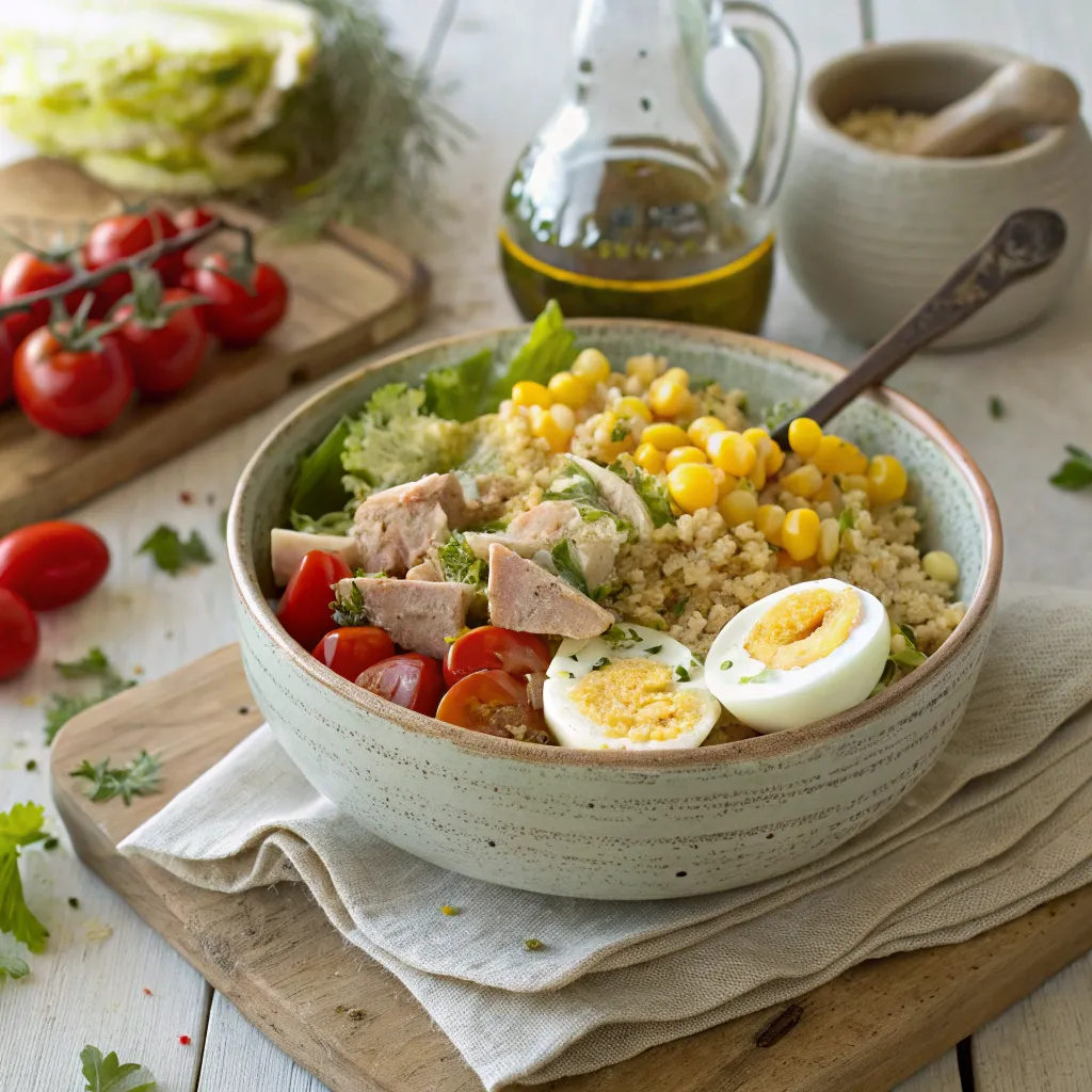 Top 1 Recette Salade Composée Inratable Et Ultra Simple 5 salade composée au thon, riz, maïs, œuf dur et tomates cerises