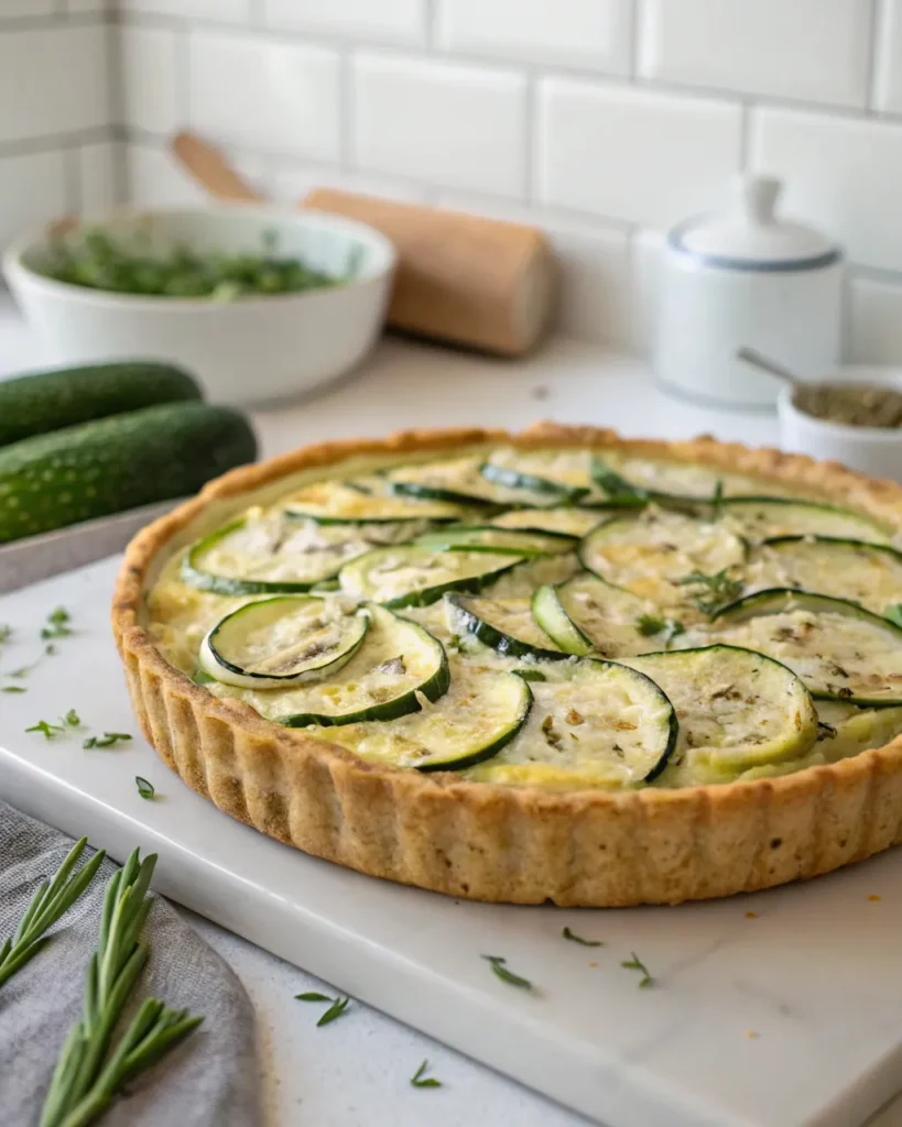 Tarte courgette – recette simple & gourmande 6 Tarte courgette cuite, vue en diagonale sur plan de travail